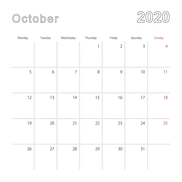 Простий календар стіни на жовтень 2020 року з пунктирними лініями. Календар англійською мовою, тиждень починається з понеділка.. — стоковий вектор