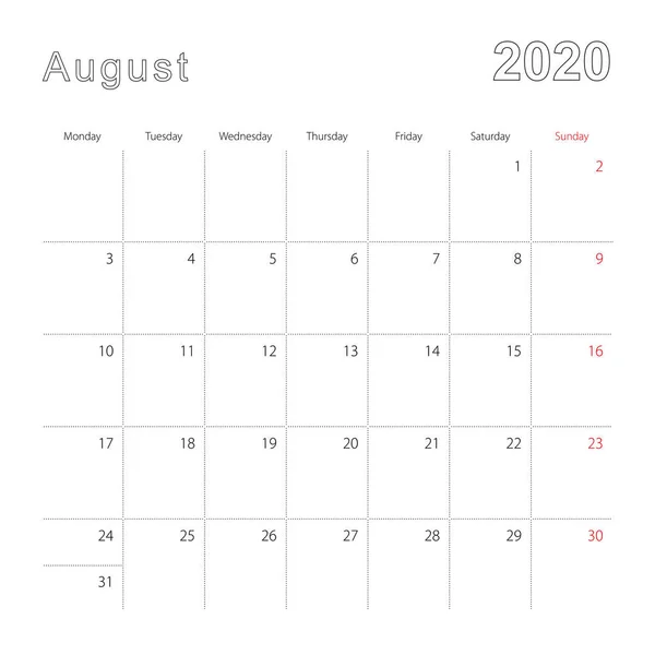 点線で2020年8月のシンプルな壁のカレンダー。カレンダーは英語で、週は月曜日から始まります. — ストックベクタ