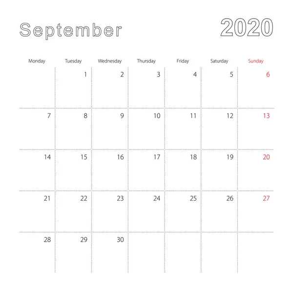 Calendário de parede simples para setembro 2020 com linhas pontilhadas. O calendário é em inglês, início da semana a partir de segunda-feira . — Vetor de Stock