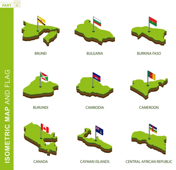 Set of 9 isometric map and flag, 3D vector isometric shape. — Stock Vector