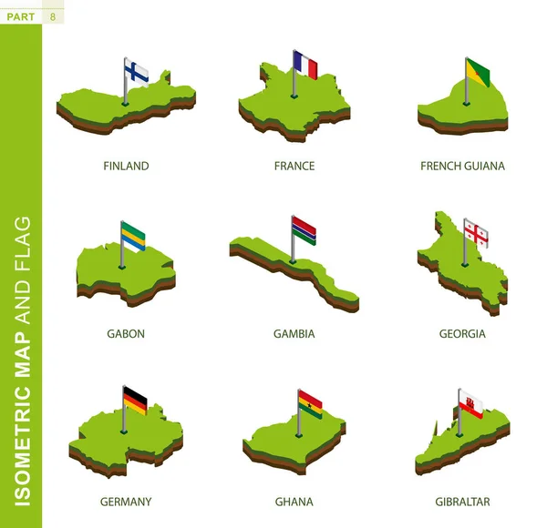 Set of 9 isometric map and flag, 3D vector isometric shape. — Stock Vector