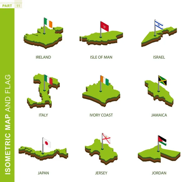 Zestaw 9 map izometrycznych i flagi, kształt izometryczny wektora 3d. — Wektor stockowy