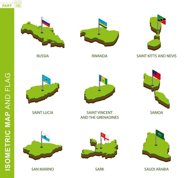 Set of 9 isometric map and flag, 3D vector isometric shape. — Stock Vector