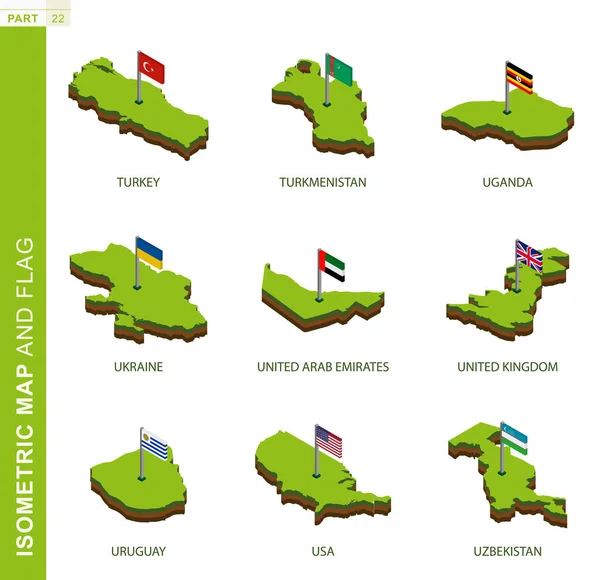 Set di 9 mappa isometrica e bandiera, forma isometrica vettoriale 3D . — Vettoriale Stock