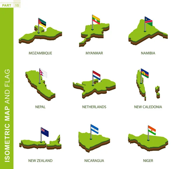 Set of 9 isometric map and flag, 3D vector isometric shape. Stock Vector