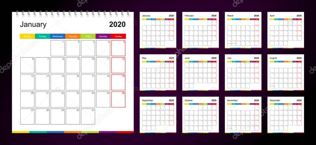 Colorful wall calendar for 2020 on dark background, week starts on Monday.