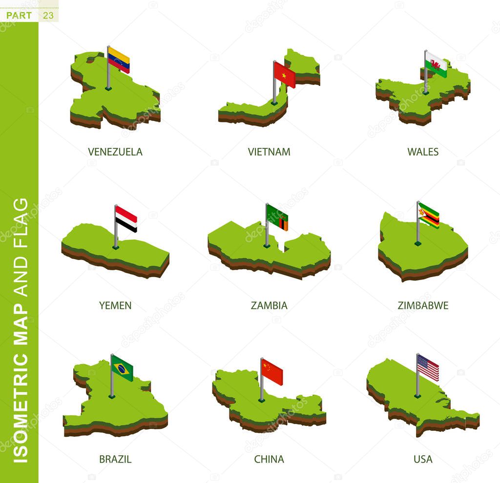 Set of 9 isometric map and flag, 3D vector isometric shape.
