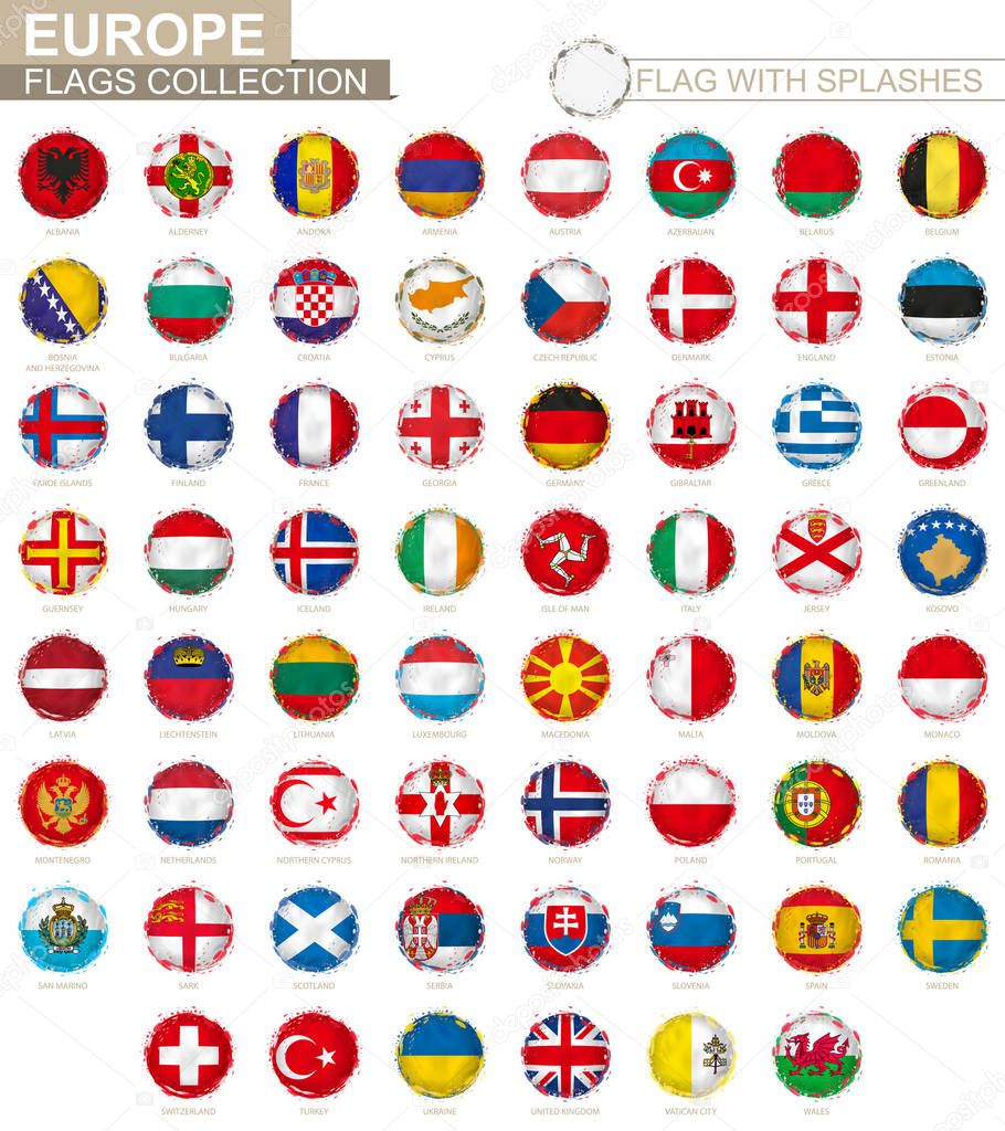 Flag collection of Europe, round grunge flag with splashes. 