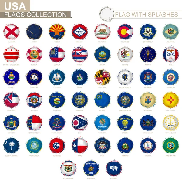 Kolekcja flag stanu Us, okrągła flaga grunge z bryzgami. — Wektor stockowy