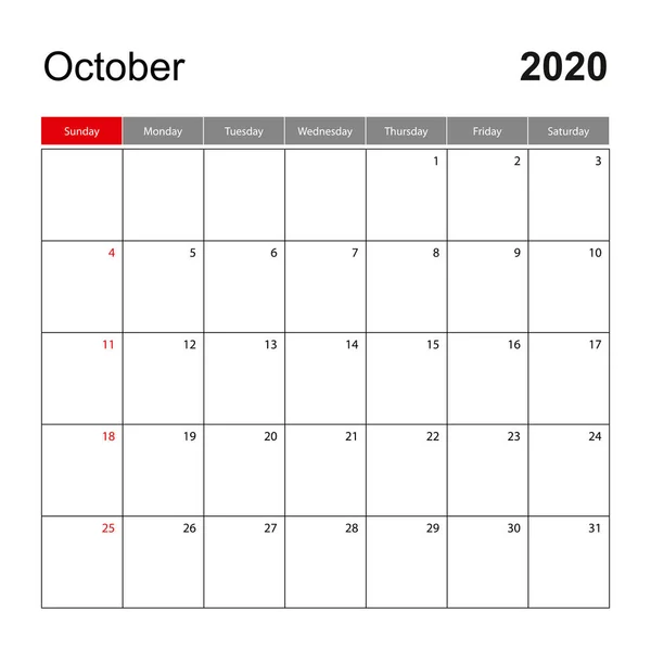 Modelo de calendário de parede para outubro 2020. Férias e planejador de eventos, semana começa no domingo — Vetor de Stock