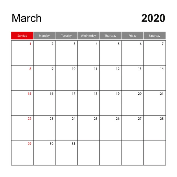 Plantilla de calendario de pared para marzo 2020. Planificador de vacaciones y eventos, la semana comienza el domingo . — Vector de stock