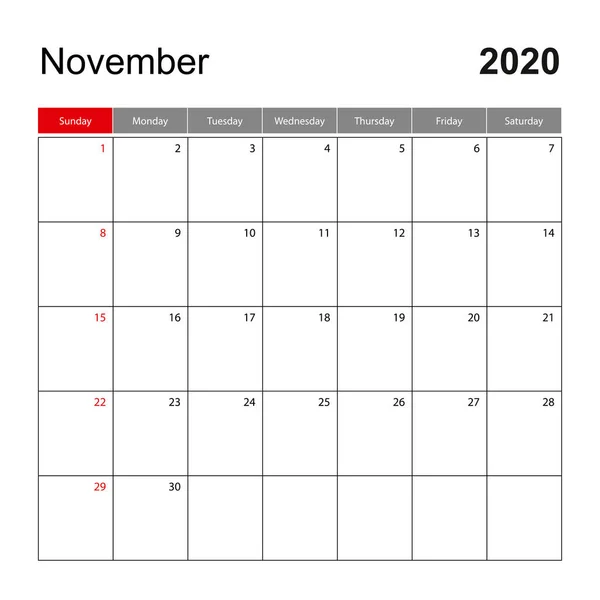 Plantilla de calendario de pared para noviembre 2020. Planificador de vacaciones y eventos, la semana comienza el domingo . — Vector de stock