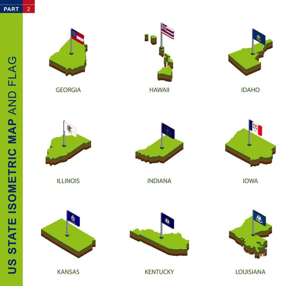Set di 9 mappe e bandiere isometriche degli Stati Uniti, isometriche vettoriali 3D — Vettoriale Stock