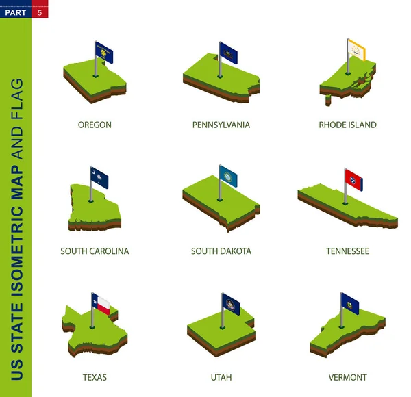 Ensemble de 9 cartes et drapeaux isométriques américains, vecteur 3D isométrique — Image vectorielle