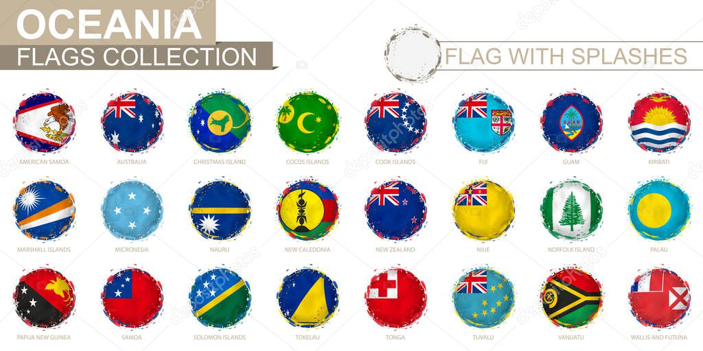 Flag collection of Oceania, round grunge flag with splashes. 