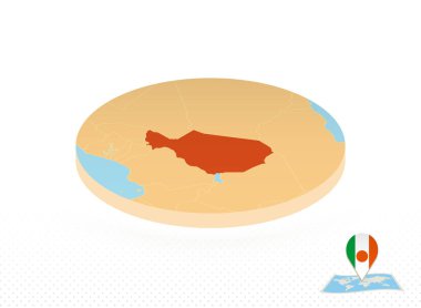 Nijer haritası izometrik şekilde tasarlandı, turuncu daire haritası.