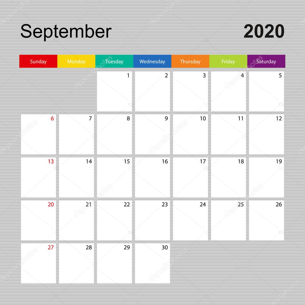 Calendar page for September 2020, wall planner with colorful design. Week starts on Sunday.