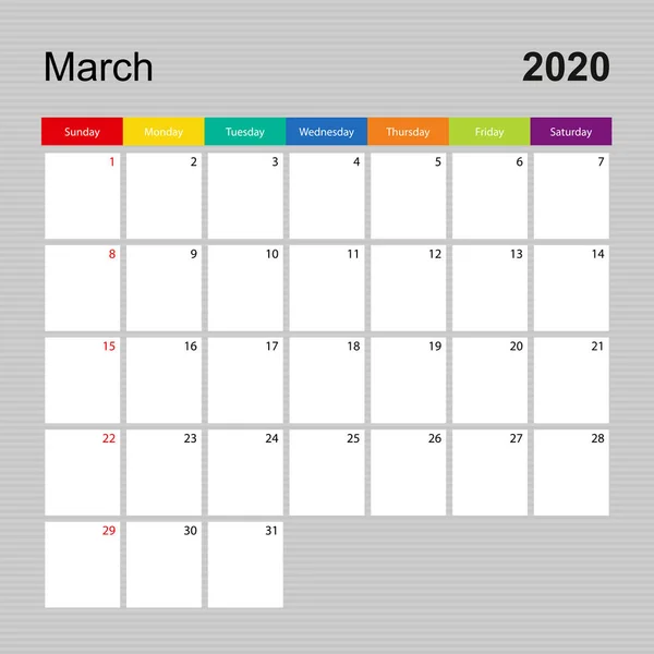Página del calendario para marzo de 2020, planificador de paredes con diseño colorido. La semana comienza el domingo . — Vector de stock