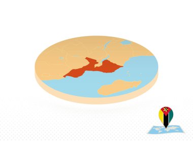 Mozambik haritası izometrik şekilde tasarlandı, turuncu daire haritası.