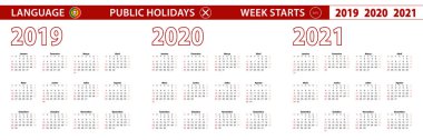 2019, 2020, 2021 Portekizce vektör takvimi, hafta pazar günü başlar..
