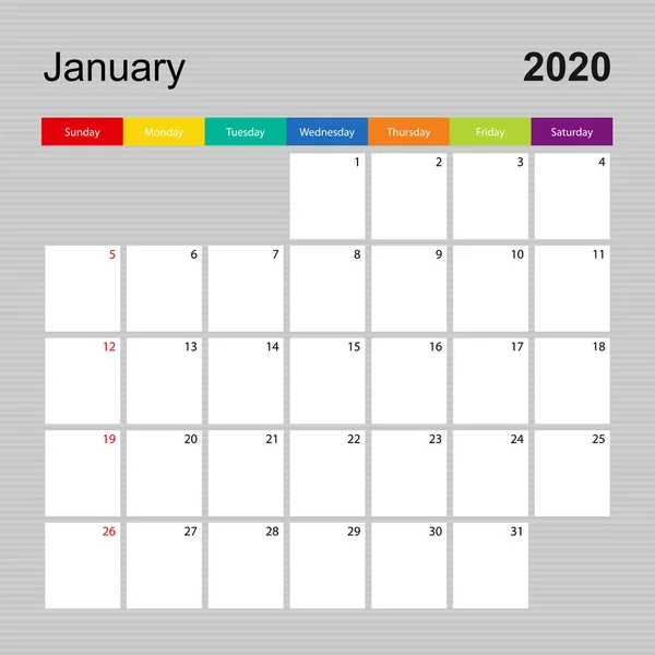 2020 년 1 월 달력 페이지, 화려 한 디자인의 벽널 플래너. 일요일에 시작하는 주. — 스톡 벡터