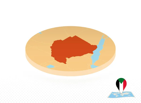 Mappa Sudan disegnata in stile isometrico, mappa a cerchio arancione . — Vettoriale Stock