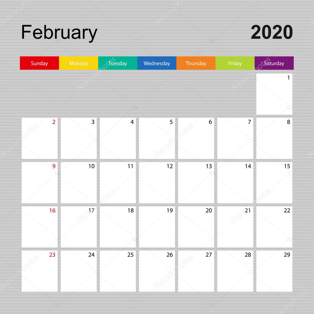 Calendar page for February 2020, wall planner with colorful design. Week starts on Sunday. 
