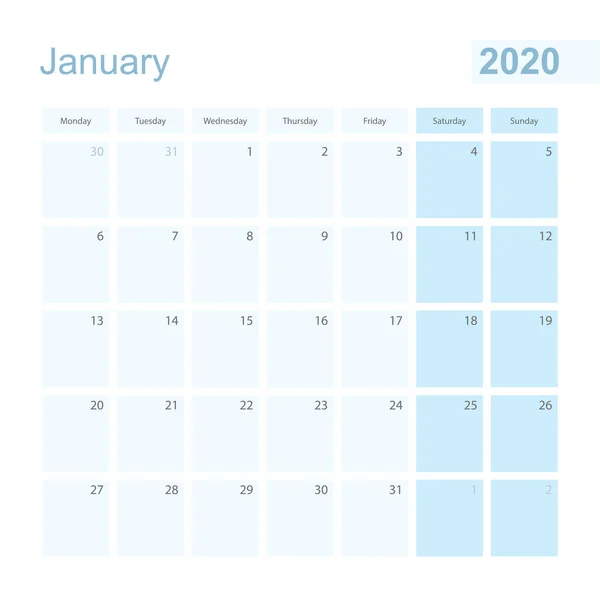 2020 Styczeń projektant ściany w niebieskim pastelowym kolorze, tydzień zaczyna się w poniedziałek — Wektor stockowy