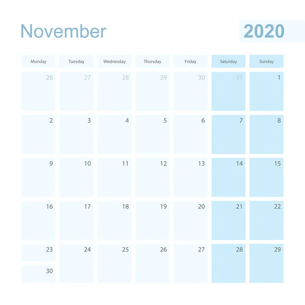 2020 년 11 월파란 파스텔 색의 월 플래너 월요일에 주 시작 — 스톡 벡터