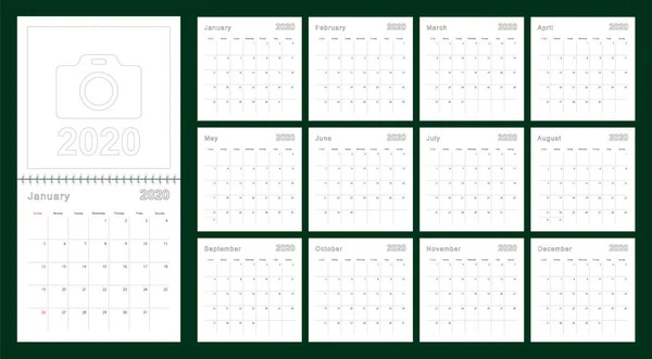 Einfacher Wandkalender 2020 Jahr mit gestrichelten Linien. der Kalender ist auf Englisch, Wochenstart ab Sonntag. — Stockvektor