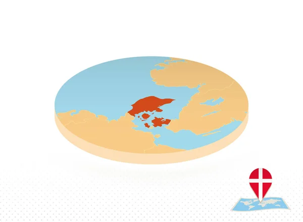 Dinamarca mapa projetado em estilo isométrico, mapa círculo laranja . — Vetor de Stock