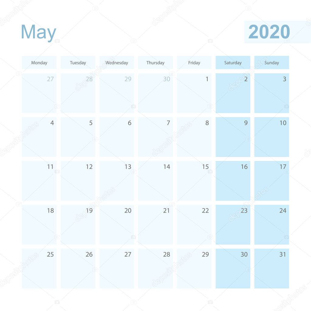 2020 May wall planner in blue pastel color, week starts on Monday