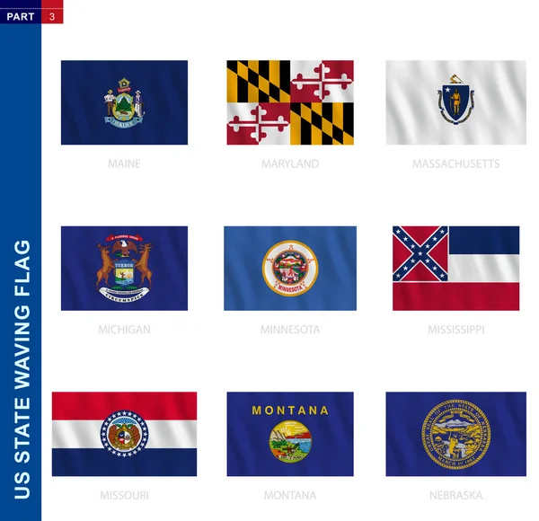 Estados Unidos ondeando bandera colección en proporción oficial, nueve banderas vectoriales — Vector de stock
