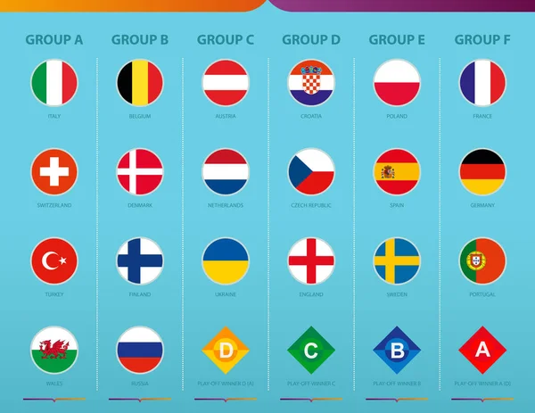 Banderas de torneo de fútbol ordenados por grupo sobre fondo turquesa — Archivo Imágenes Vectoriales