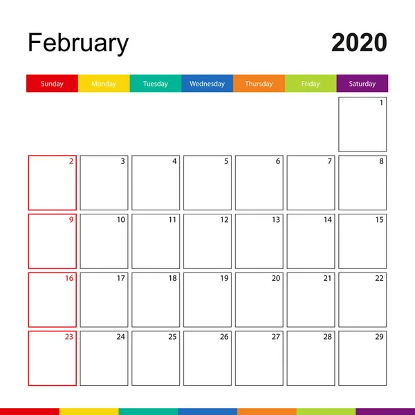 Febrero 2020 colorido calendario de pared, la semana comienza el domingo . — Vector de stock