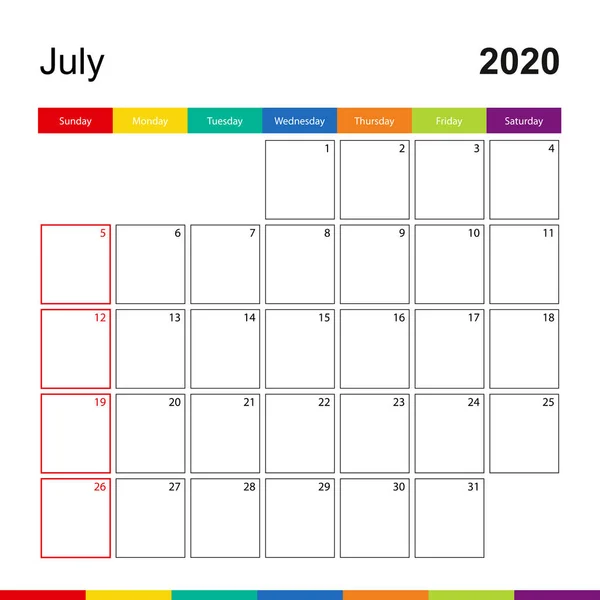 Lipiec 2020 kolorowy kalendarz ścienny, tydzień zaczyna się w niedzielę. — Wektor stockowy