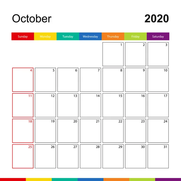 Październik 2020 kolorowy kalendarz ścienny, tydzień zaczyna się w niedzielę. — Wektor stockowy