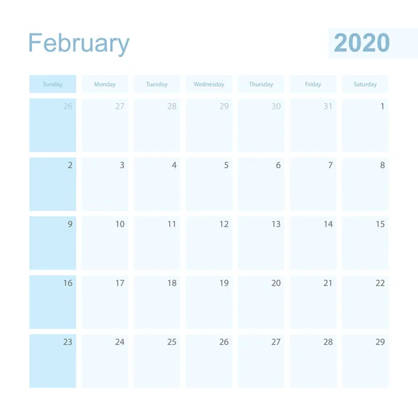 2020 Februari muurplanner in blauwe kleur, week start op zondag. — Stockvector