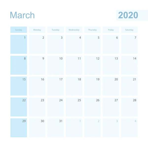 2020 년 3 월 파란색 월 벽 플래너, 일요일에 시작. — 스톡 벡터