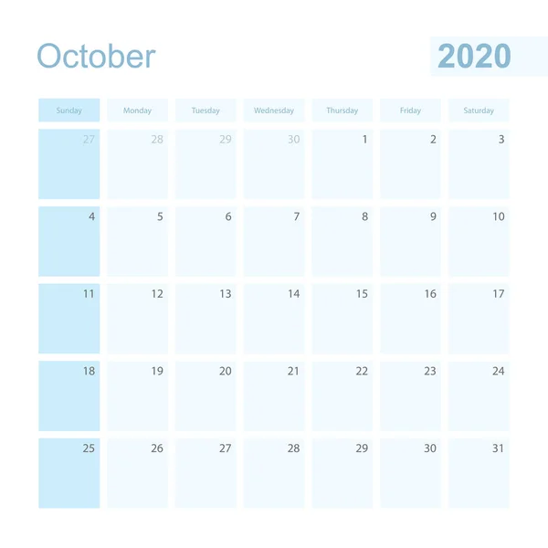 Planificador de pared de octubre 2020 en color azul, la semana comienza el domingo . — Vector de stock