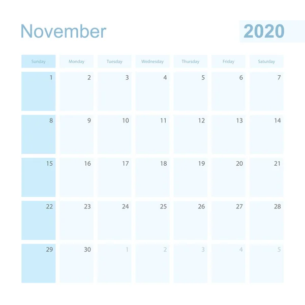 2020 년 11 월 파란색으로칠 하는 월 플래너 일요일에 시작하는 주. — 스톡 벡터