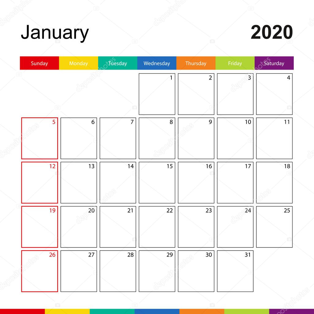 January 2020 colorful wall calendar, week starts on Sunday.