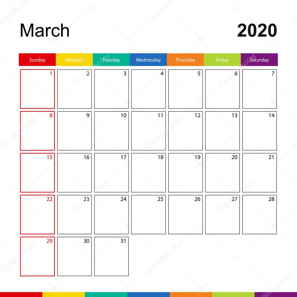 March 2020 colorful wall calendar, week starts on Sunday.