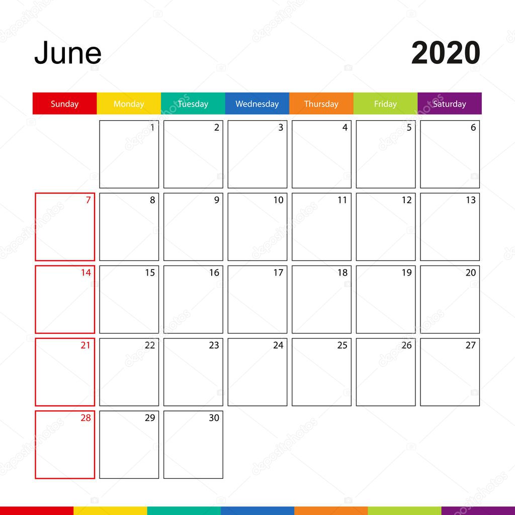 June 2020 colorful wall calendar, week starts on Sunday.