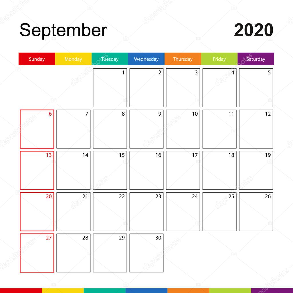 September 2020 colorful wall calendar, week starts on Sunday.