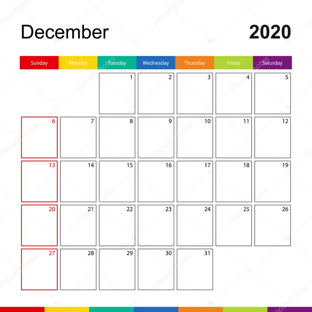 December 2020 colorful wall calendar, week starts on Sunday.