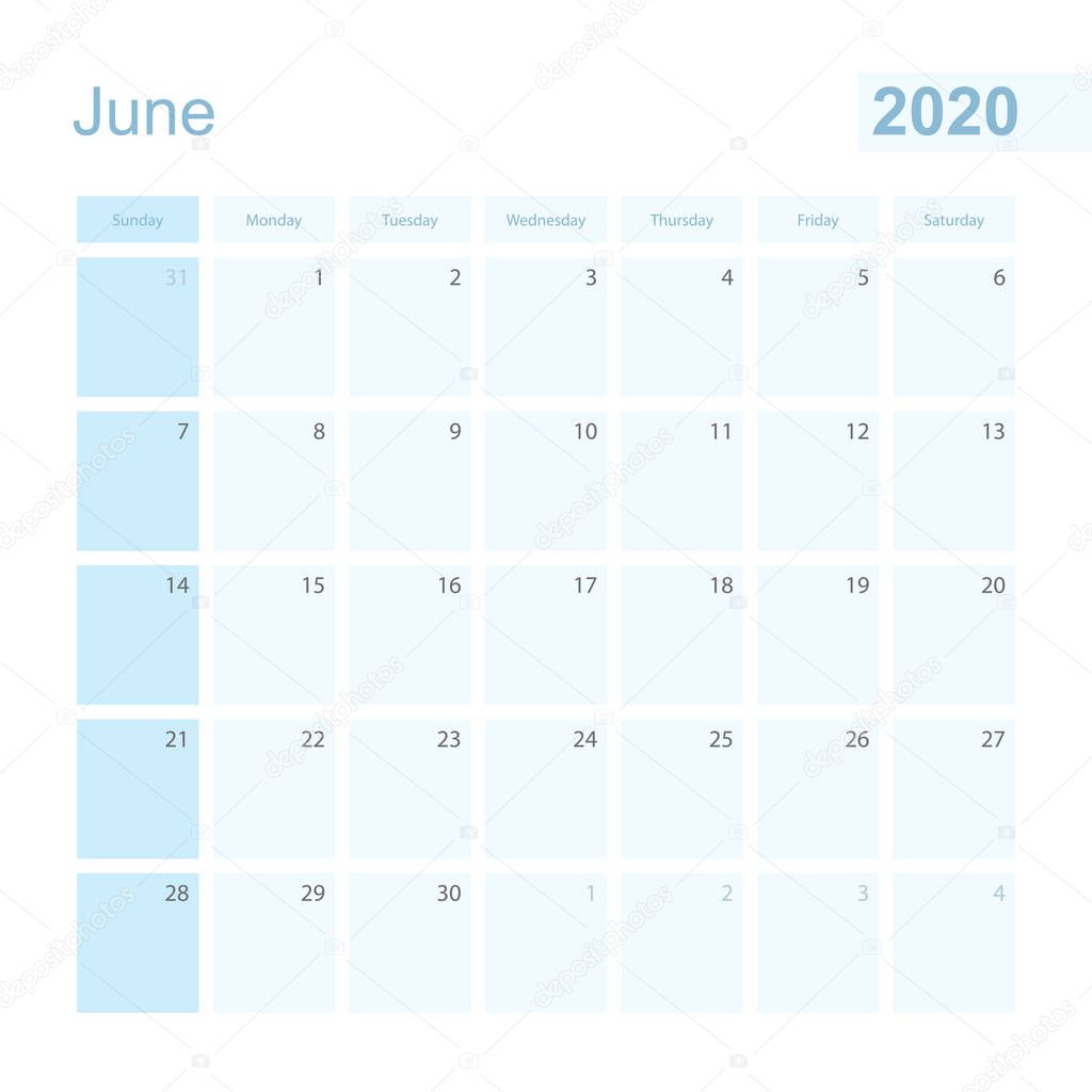 2020 June wall planner in blue color, week starts on Sunday.
