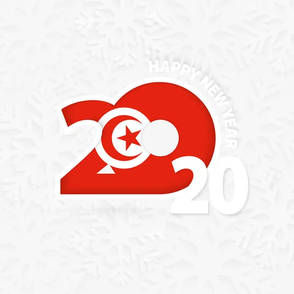 Gott nytt år 2020 för Tunisien på snöflinga bakgrund. — Stock vektor