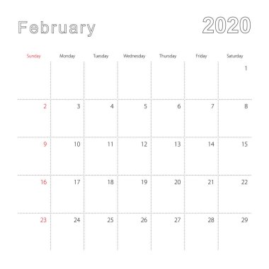 Şubat 2020 için noktalı çizgileri olan basit bir takvim. Takvim İngilizce, haftaya pazar günü başlıyor..
