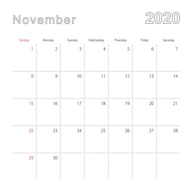 Kasım 2020 için noktalı çizgileri olan basit bir takvim. Takvim İngilizce, haftaya pazar günü başlıyor..